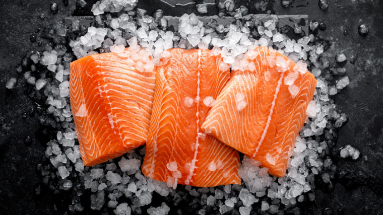 Three pieces of salmon fillet.