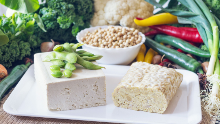 A bock of tempeh and tofu