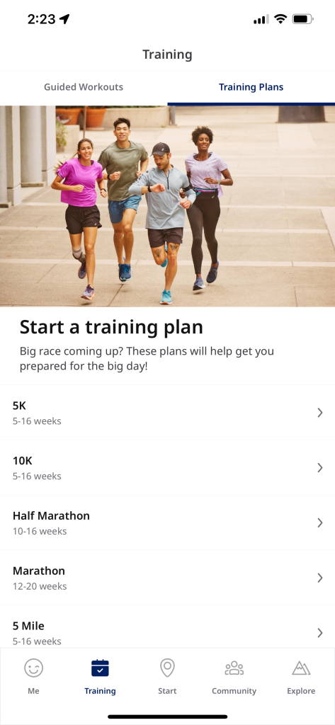 Training plans in ASICS Runkeeper.