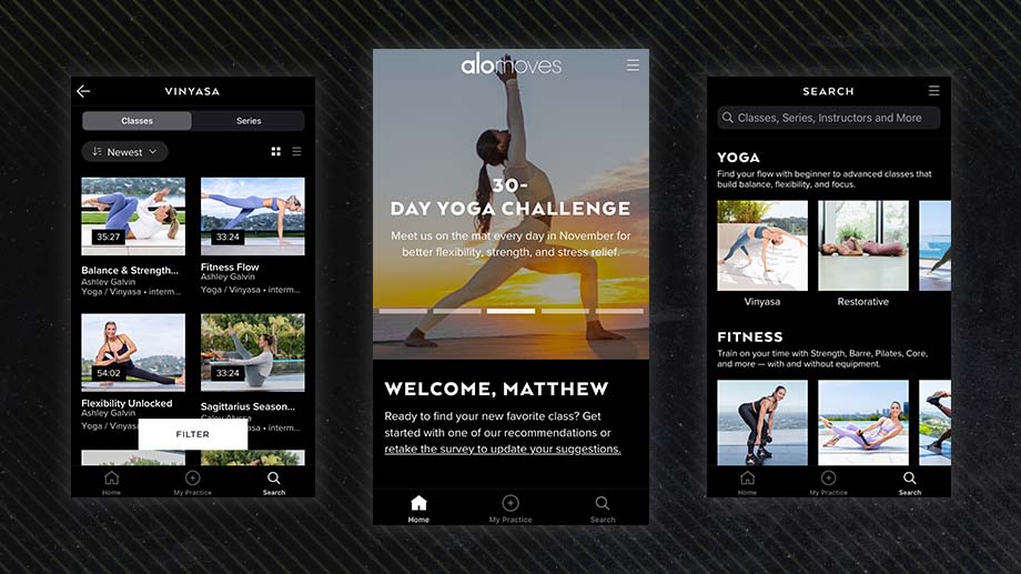 Three side-by-side screenshots of Alo Moves, our best workout app for women for yoga, including the Vinyasa and search tabs.