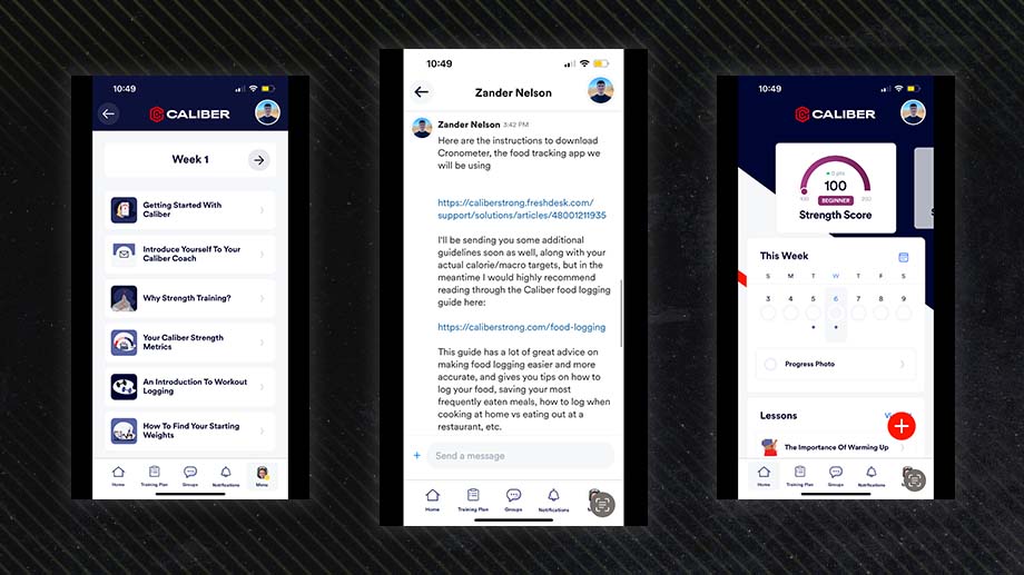 Three screenshots of the online personal trainer, Caliber, on a black background.