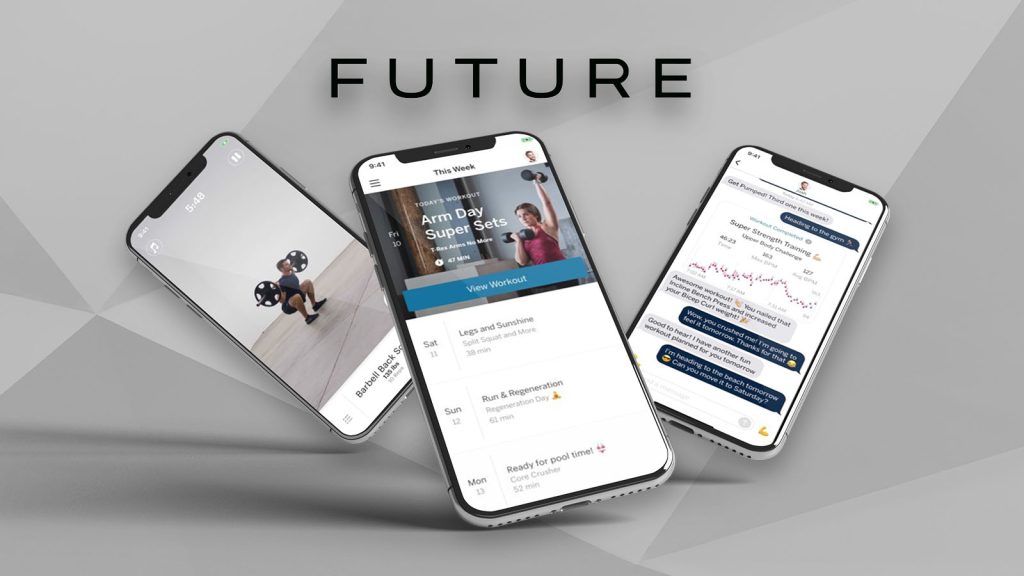 Three screenshots of Future, our best workout app for women for personal training, including the Calendar and Messages tabs.