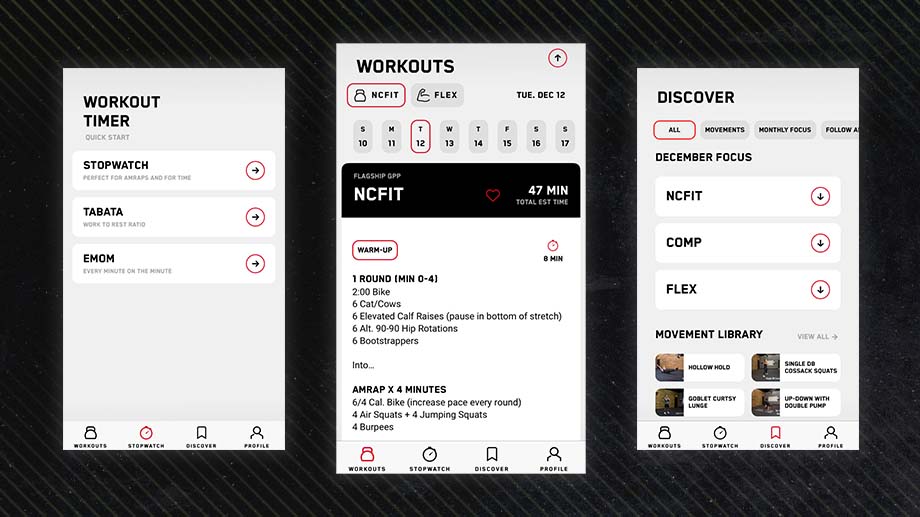 Three screenshots of the online personal trainer, NCFIT, on a black background.