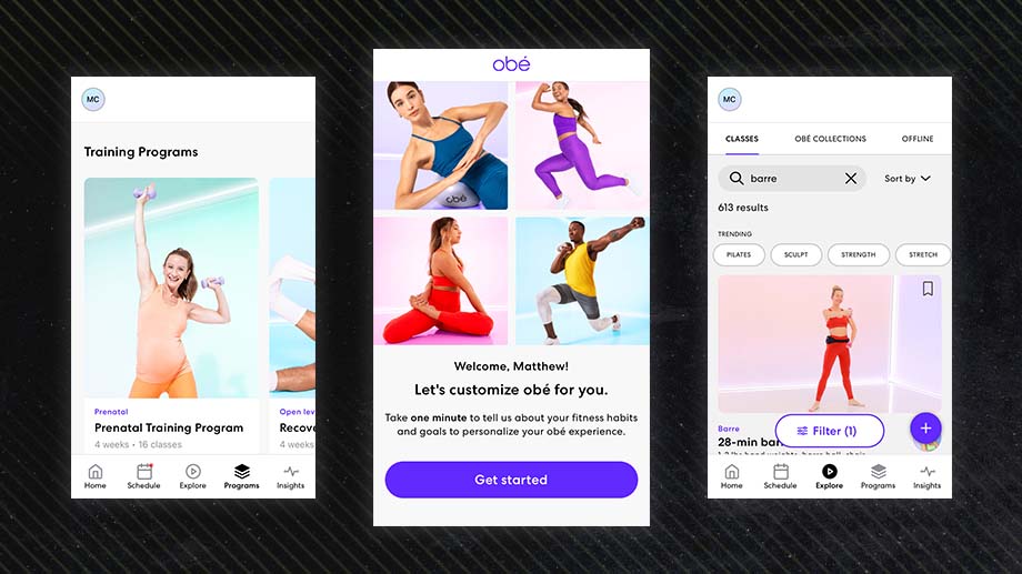 Three screenshots of the online personal trainer, obé Fitness, on a black background.