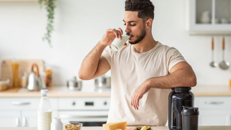 Athlete drinking a meal replacement shake. 